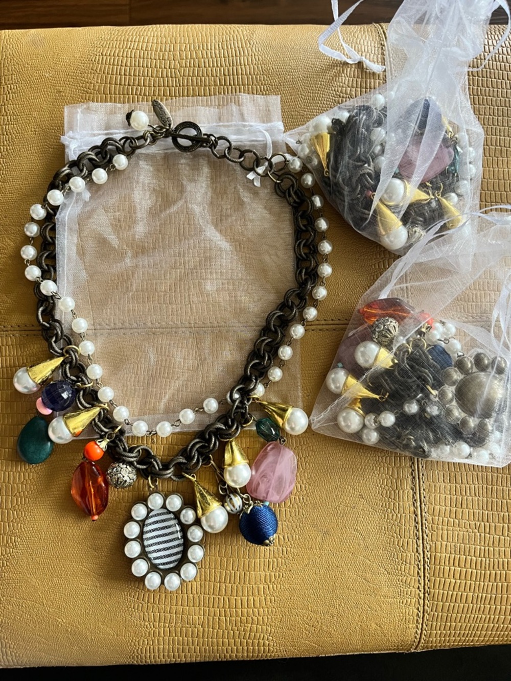Set of 3 Multicolor Pearl Charm Necklace with Gold Accents